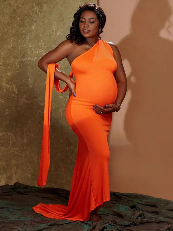 Momnfancy Orange Backless Ruched Draped Bodycon Party Evening Mermaid Gown Maternity Maxi Dress