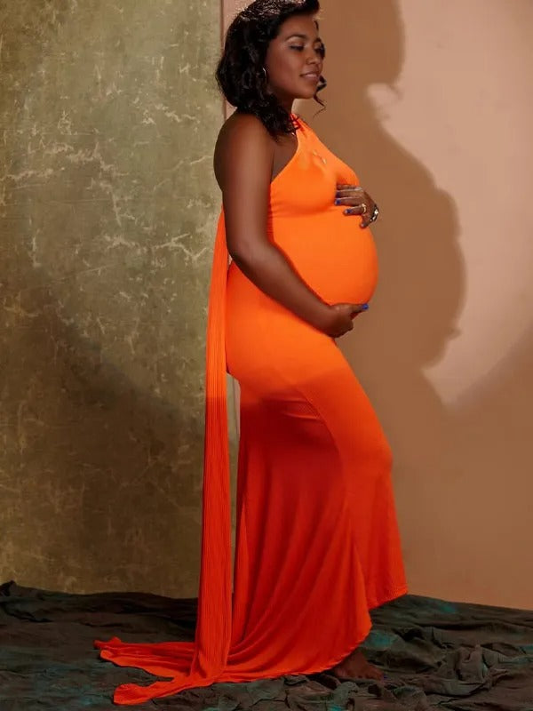 Momnfancy Orange Backless Ruched Draped Bodycon Party Evening Mermaid Gown Maternity Maxi Dress