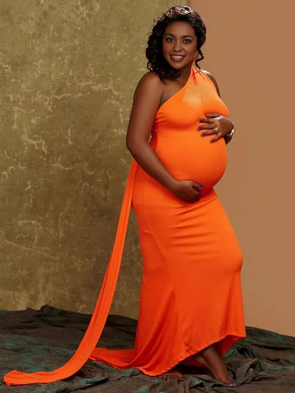 Momnfancy Orange Backless Ruched Draped Bodycon Party Evening Mermaid Gown Maternity Maxi Dress