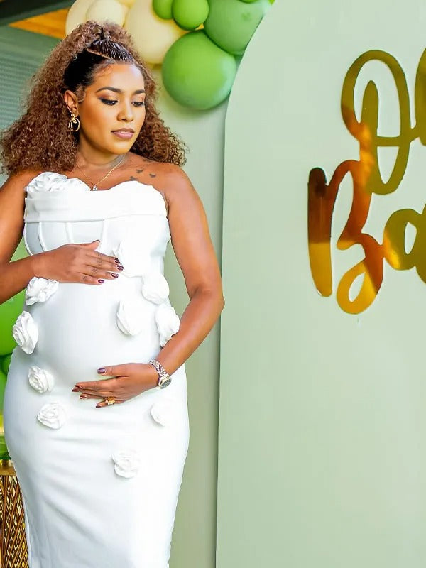 Momnfancy White 3D Flowers Bandeau Bodycon Party Gown Baby Shower Maternity Maxi Dress