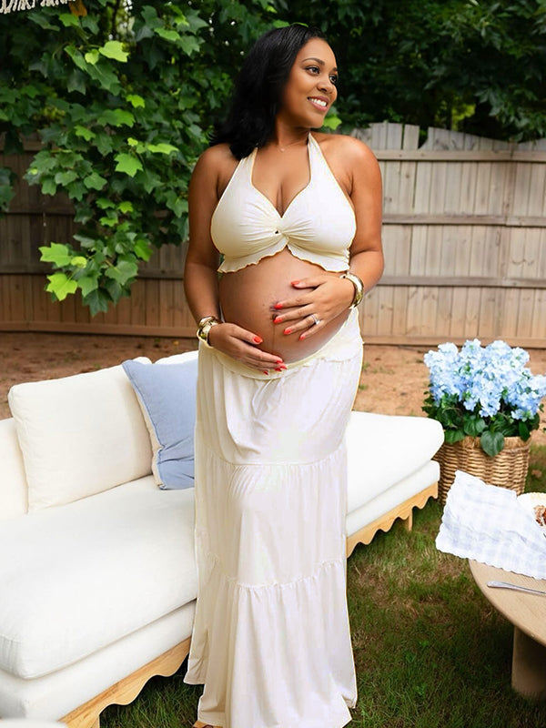Momnfancy 2-in-1 Falbala Halter Neck Maternity Maxi Dresses