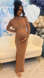 Momnfancy Mesh Peal Rhinestone Tassel Bodycon Evening Gown Baby Shower Maternity Maxi Dress