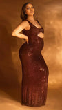 Momnfancy Brown Backless U-Neck Bright Print Bodycon Party Photoshoot Maternity Maxi Dress