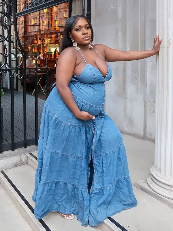 Momnfancy Blue Denim Spaghetti Strap Bowknot Backless V-Neck Maternity Maxi Dress