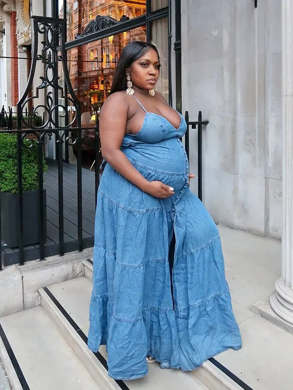 Momnfancy Blue Denim Spaghetti Strap Bowknot Backless V-Neck Maternity Maxi Dress