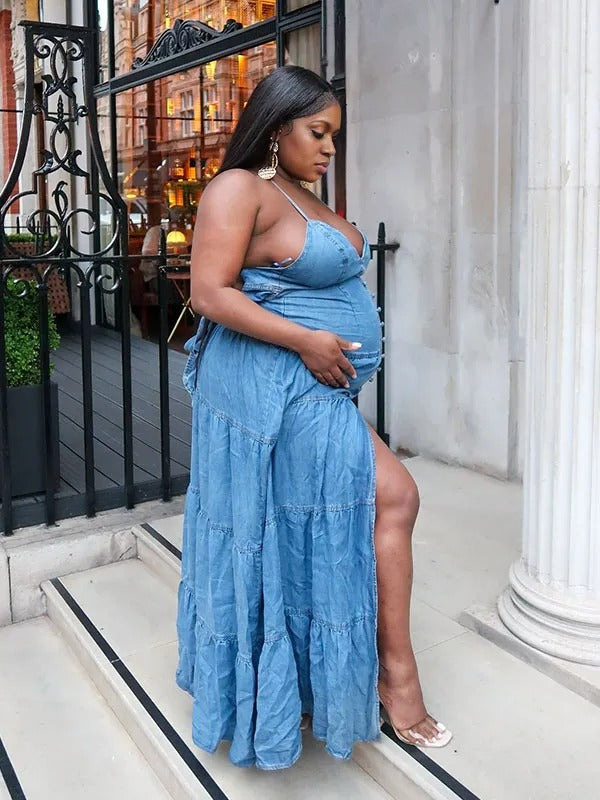 Momnfancy Blue Denim Spaghetti Strap Bowknot Backless V-Neck Maternity Maxi Dress