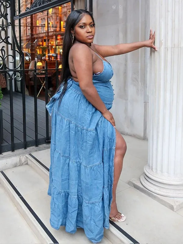 Momnfancy Blue Denim Spaghetti Strap Bowknot Backless V-Neck Maternity Maxi Dress