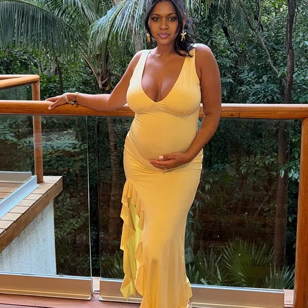 Momnfancy Yellow Mesh Ruffle Side Slit Bodycon Baby Shower Maternity Maxi Dress
