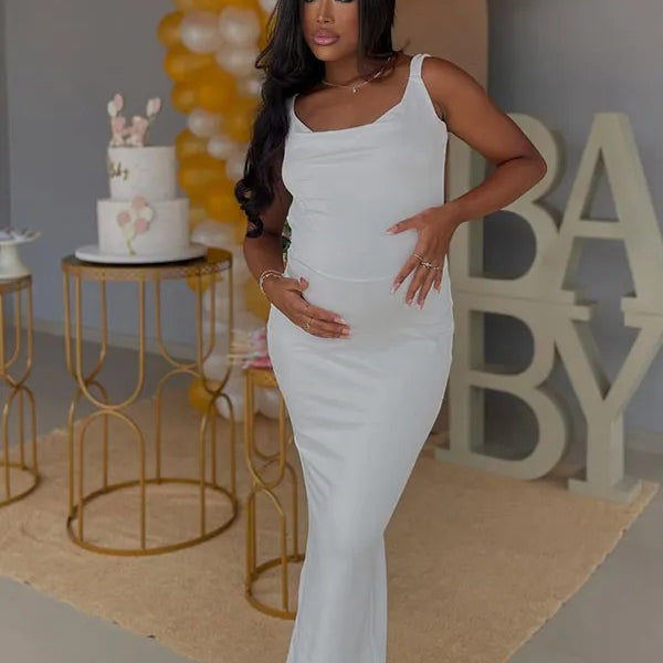 Momnfancy White Backless Bowknot Bodycon Party Baby Shower Maternity Maxi Dress