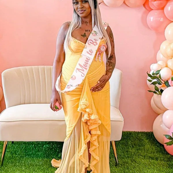 Momnfancy Yellow Mesh Ruffle Irregular Bodycon Mermaid Party Evening Gown Baby Shower Maternity Maxi Dress