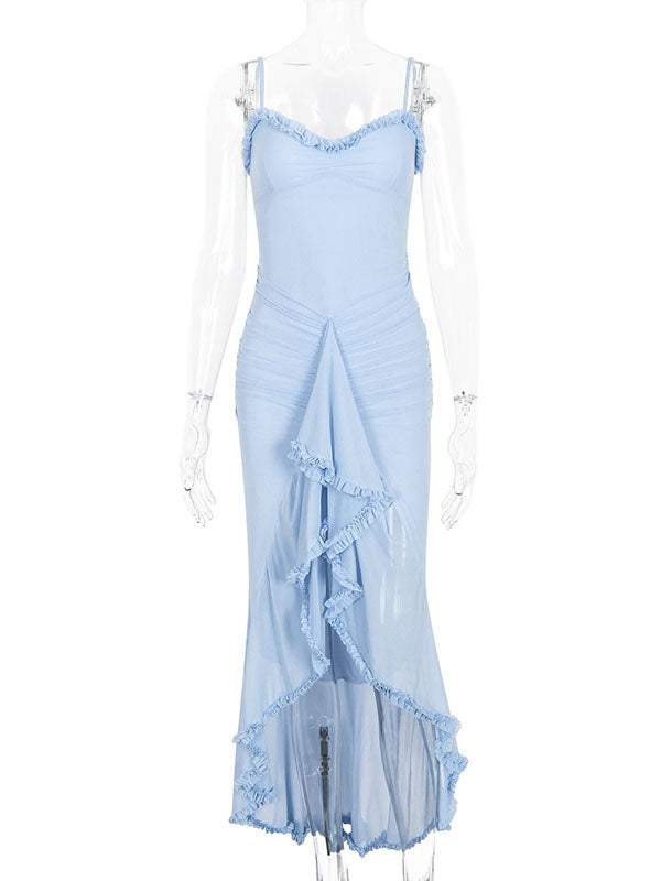 Momnfancy Blue Mesh Ruffle Irregular Bodycon Mermaid Party Evening Gown Baby Shower Maternity Maxi Dress