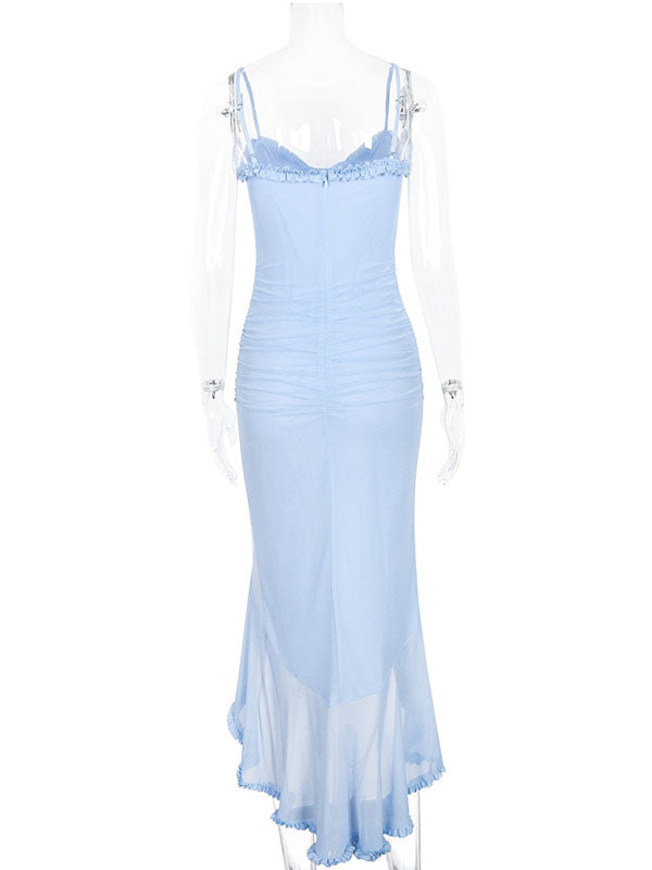 Momnfancy Blue Mesh Ruffle Irregular Bodycon Mermaid Party Evening Gown Baby Shower Maternity Maxi Dress