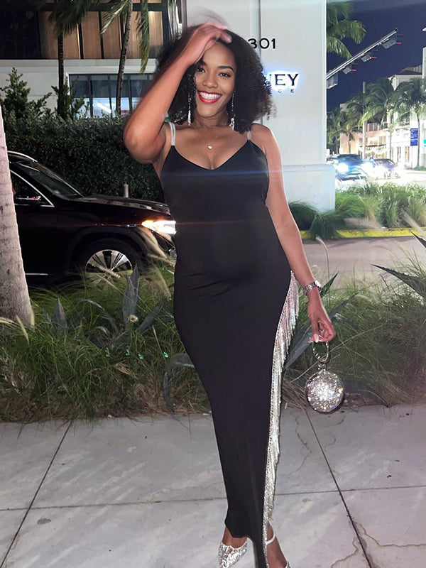 Momnfancy Spaghetti Strap Hotfix Rhinestones Maternity Maxi Dresses