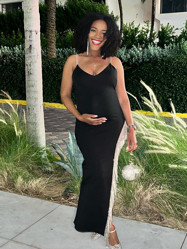 Momnfancy Spaghetti Strap Hotfix Rhinestones Maternity Maxi Dresses