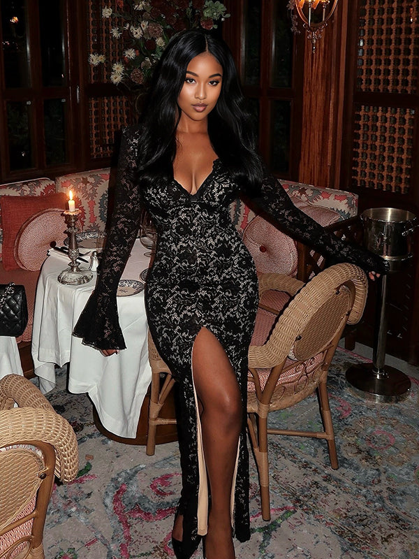 Momnfancy Lace Side Slit Bodycon Maternity Maxi Dresses