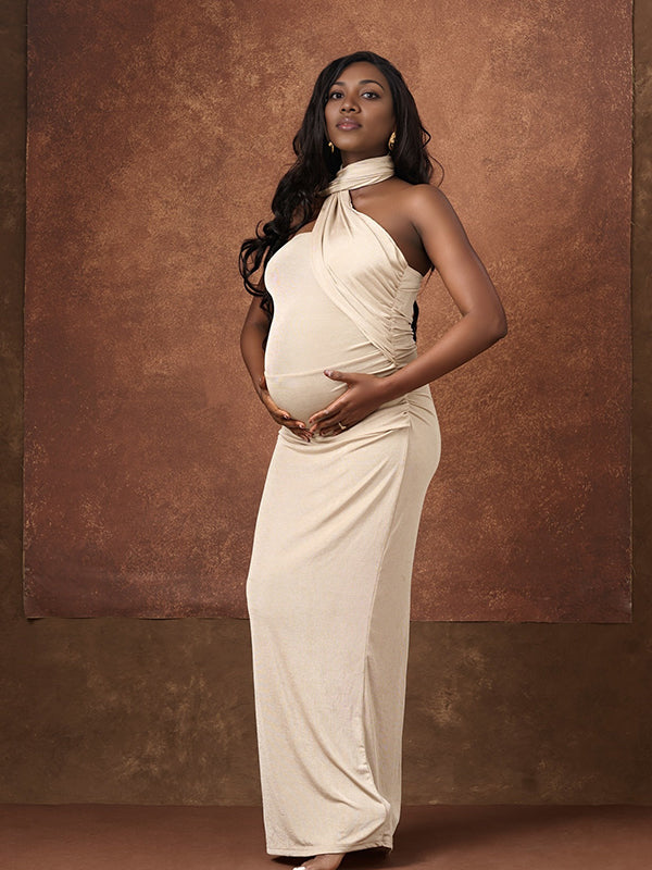 Momnfancy Halter Neck Ruched Maternity Maxi Dresses