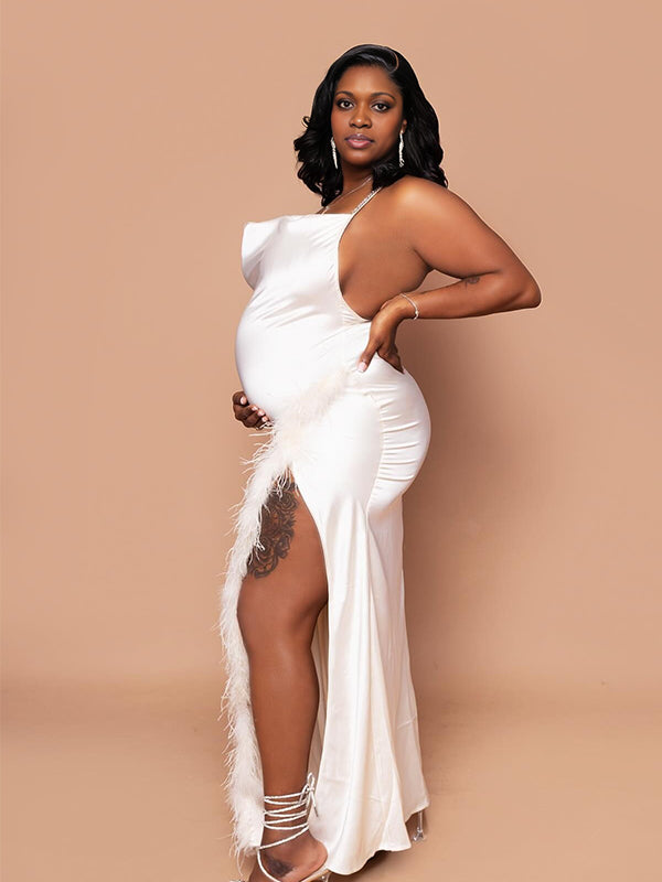 Momnfancy Spaghetti Strap Side Slit Maternity Maxi Dresses