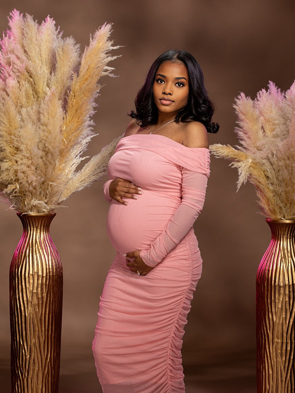 Momnfancy Boat Neck Ruched Maternity Maxi Dresses