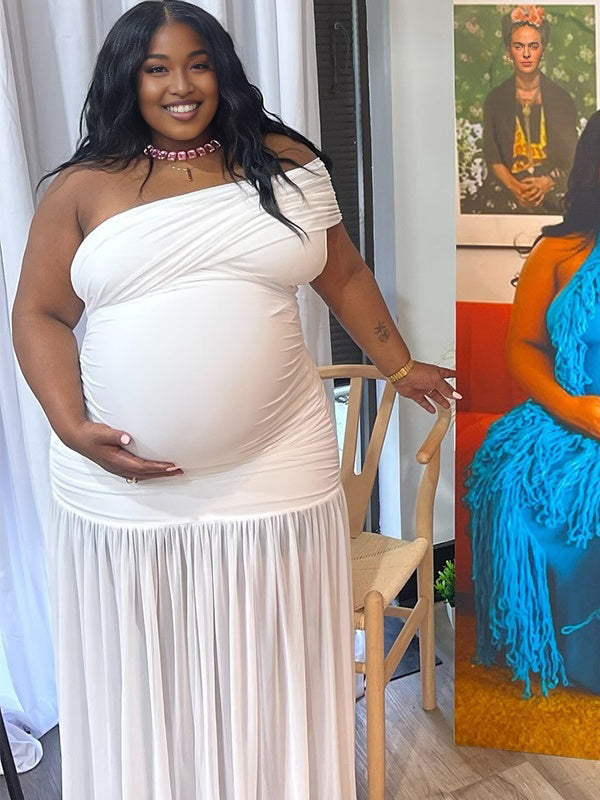 Momnfancy Oblique Shoulder Fluffy tulle Maternity Maxi Dresses