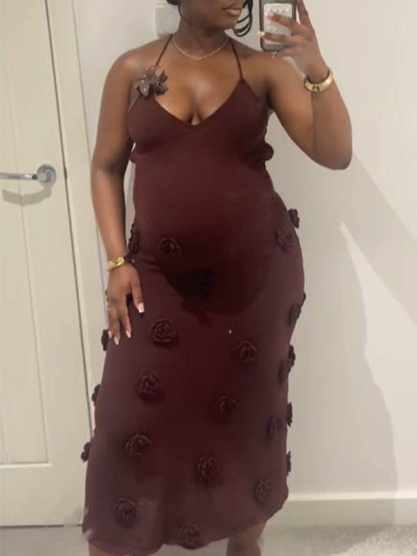 Momnfancy Boat Neck Sheer Ruched Maternity Maxi Dresses