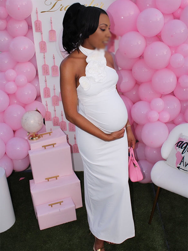 Momnfancy Backless 3D-flowers Bodycon Baby Shower Maternity Maxi Dresses
