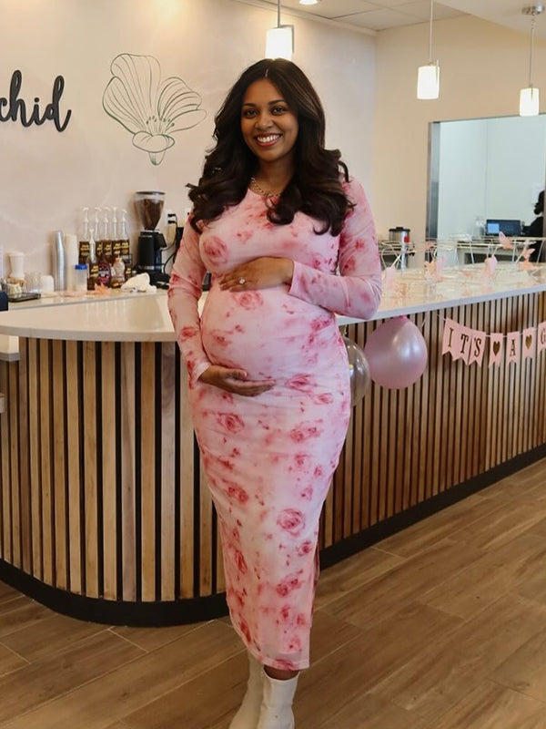 Momnfancy Ruched Bodycon Printing Maternity Maxi Dresses