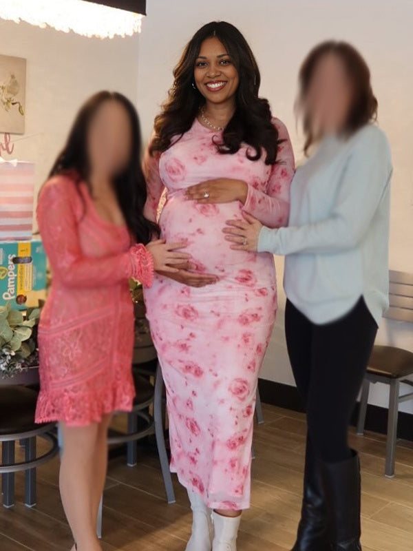 Momnfancy Ruched Bodycon Printing Maternity Maxi Dresses