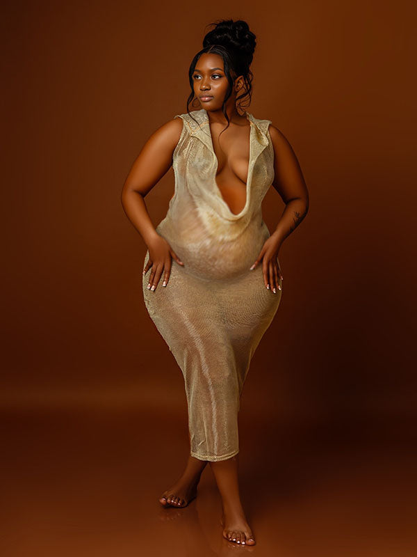 Momnfancy Mesh Sequins Bodycon Sheer Deep V-Neck Evening Gown Photoshoot Maternity Maxi Dress