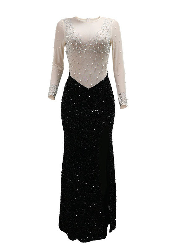 Momnfancy Mesh Beading Sequin Bodycon Side Slit Mermaid Evening Gown Photoshoot Maternity Maxi Dress