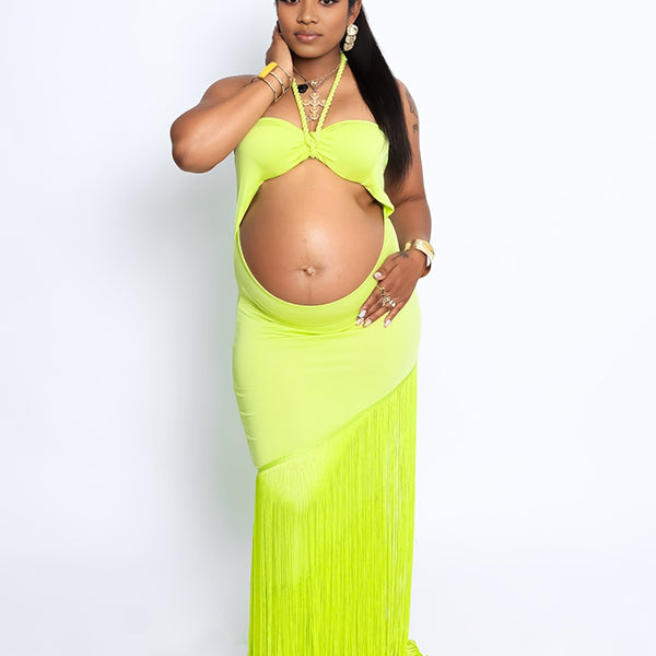 Momnfancy Green Halter Neck Tassel Bodycon Cut Out Photoshoot Maternity Maxi Dress