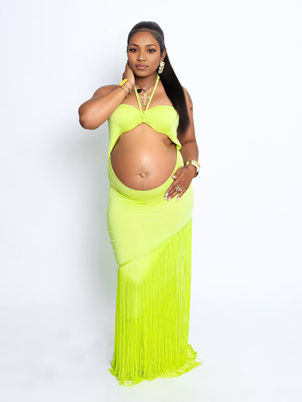 Momnfancy Green Halter Neck Tassel Bodycon Cut Out Photoshoot Maternity Maxi Dress