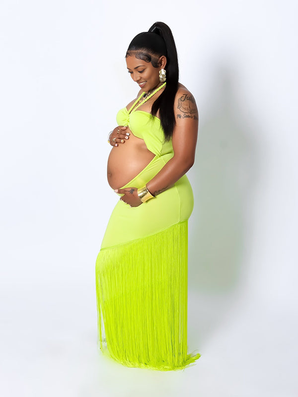 Momnfancy Green Halter Neck Tassel Bodycon Cut Out Photoshoot Maternity Maxi Dress
