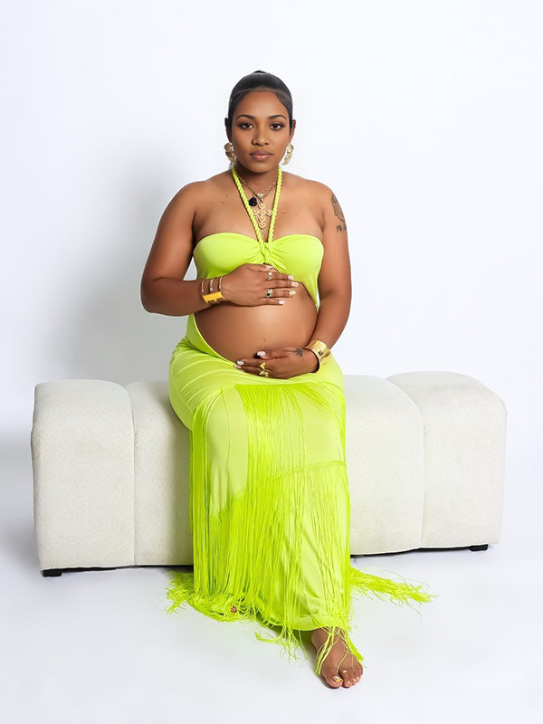 Momnfancy Green Halter Neck Tassel Bodycon Cut Out Photoshoot Maternity Maxi Dress