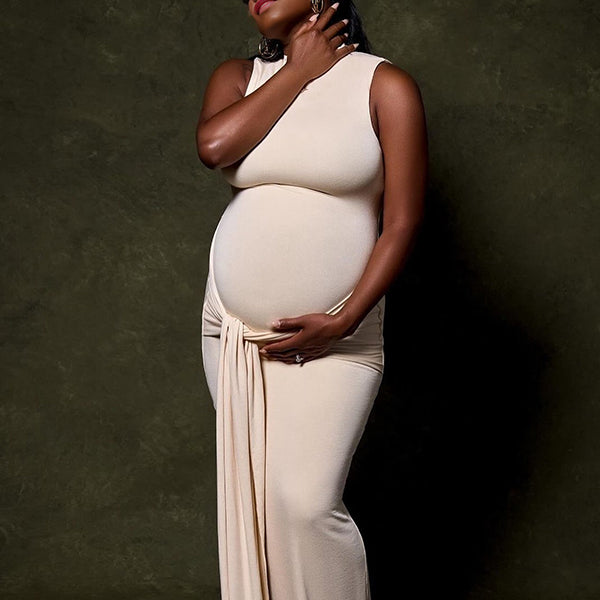 Momnfancy Apricot Ruched Draped Bodycon Sleeveless Photoshoot Maternity Maxi Dress