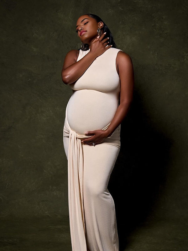 Momnfancy Apricot Ruched Draped Bodycon Sleeveless Photoshoot Maternity Maxi Dress