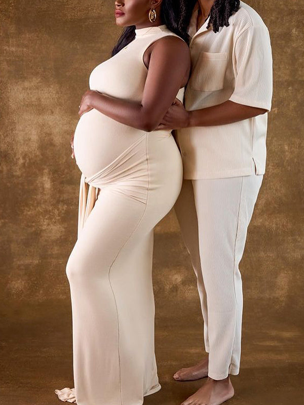 Momnfancy Apricot Ruched Draped Bodycon Sleeveless Photoshoot Maternity Maxi Dress