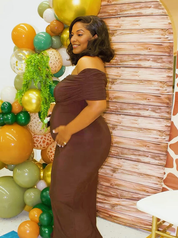 Momnfancy Brown Off Shoulder Backless Bodycon Baby Shower Maternity Maxi Dress