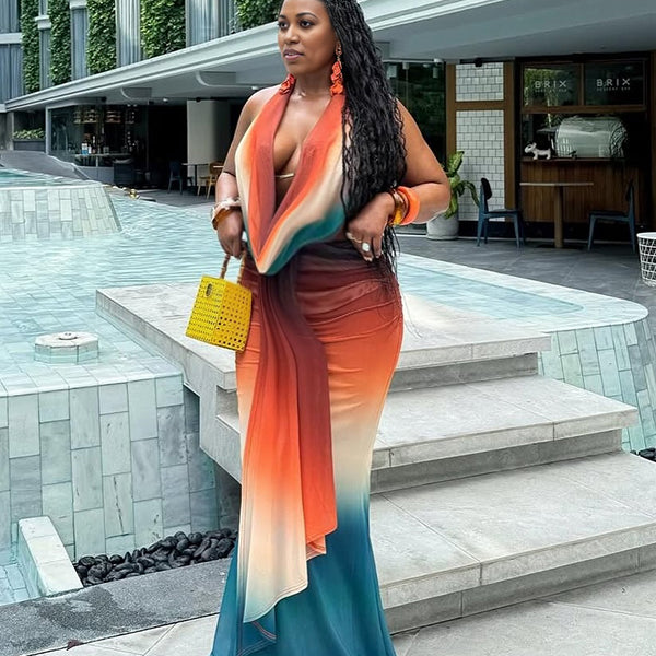 Momnfancy Gradient Color Backless Draped 2-in-1 Bodycon Party Mermaid Vacation Maternity Maxi Dress