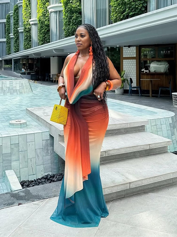 Momnfancy Gradient Color Backless Draped 2-in-1 Bodycon Party Mermaid Vacation Maternity Maxi Dress