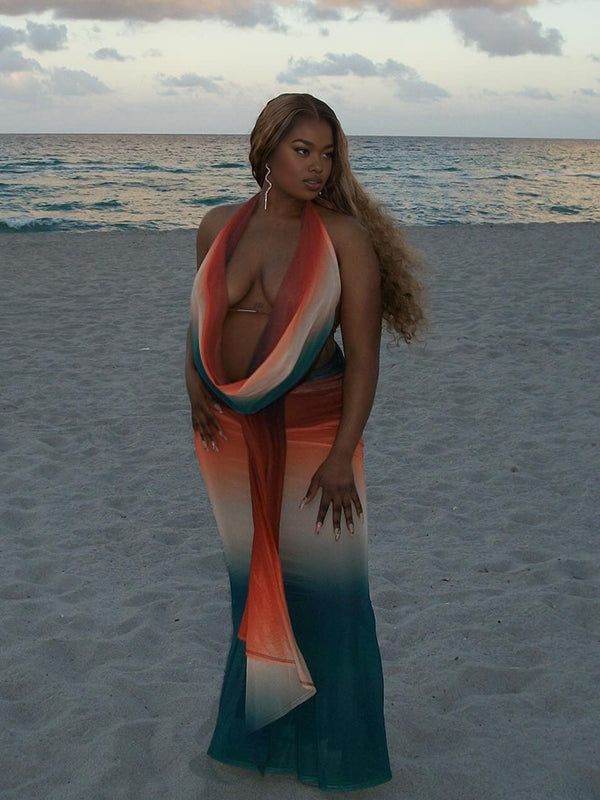 Momnfancy Gradient Color Backless Draped 2-in-1 Bodycon Party Mermaid Vacation Maternity Maxi Dress