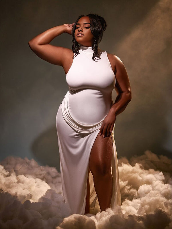 Momnfancy Halter Neck Ruched Side Slit Maternity Maxi Dresses