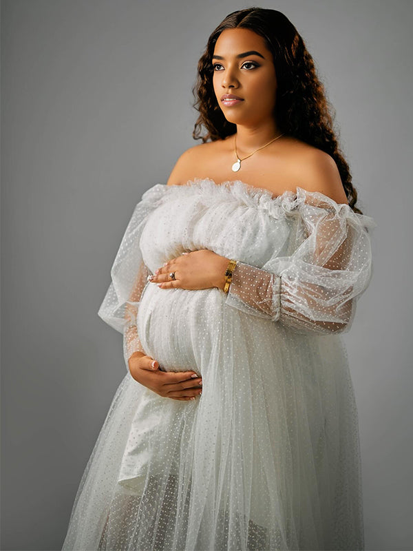 Momnfancy Tulle Trailing Boat Neck Maternity Maxi Dresses