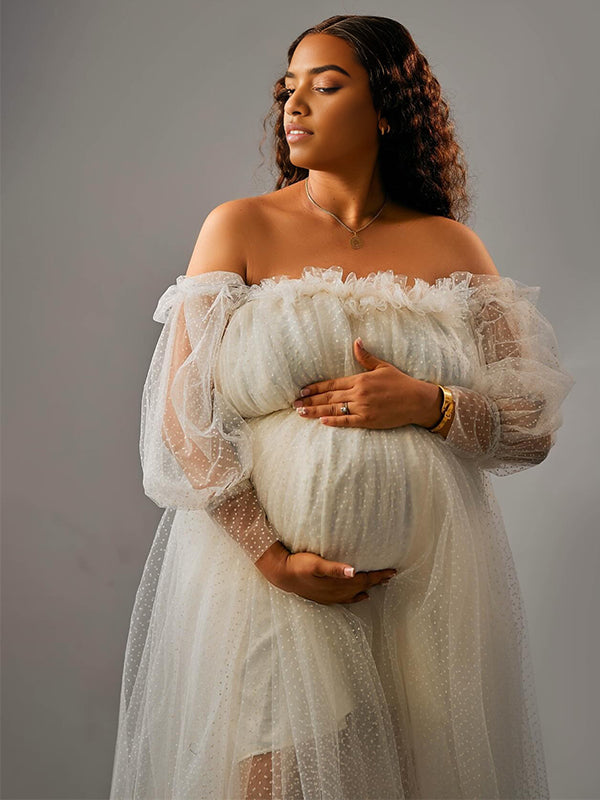Momnfancy Tulle Trailing Boat Neck Maternity Maxi Dresses
