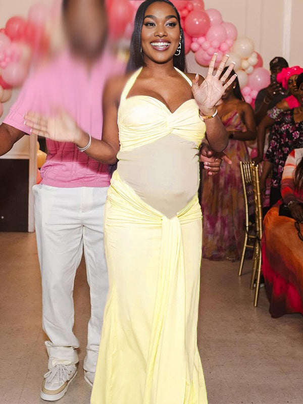 Momnfancy Halter Neck Backless Baby Shower Bodycon Maternity Maxi Dress