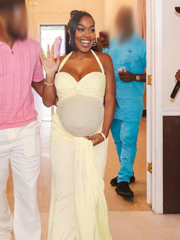 Momnfancy Halter Neck Backless Baby Shower Bodycon Maternity Maxi Dress