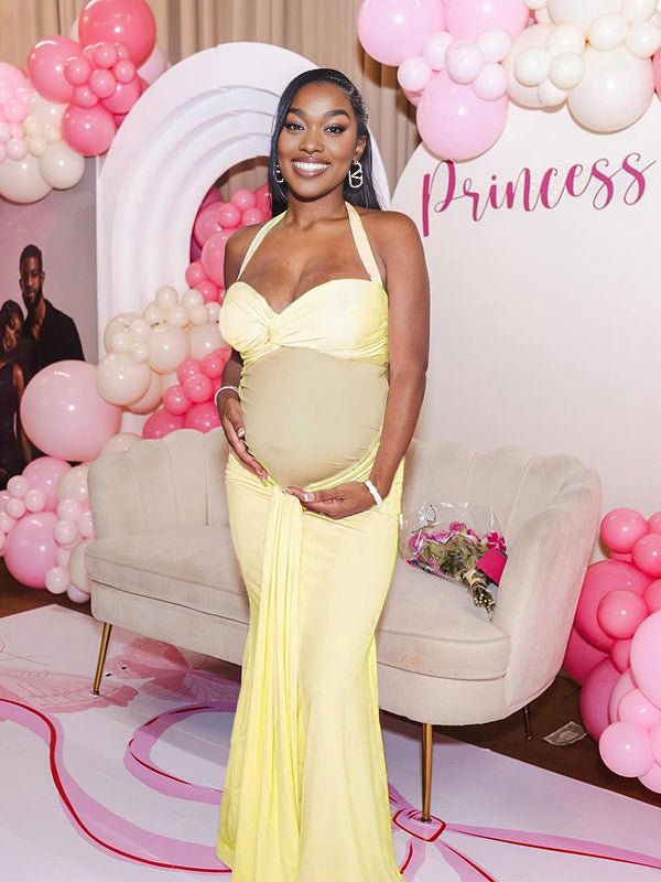 Momnfancy Halter Neck Backless Baby Shower Bodycon Maternity Maxi Dress