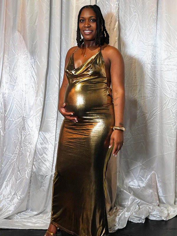 Momnfancy Backless Halter Neck Maternity Maxi Dress