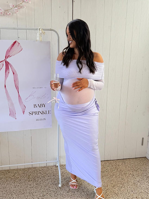 Momnfancy Boat Neck Sheer Maternity Maxi Dress