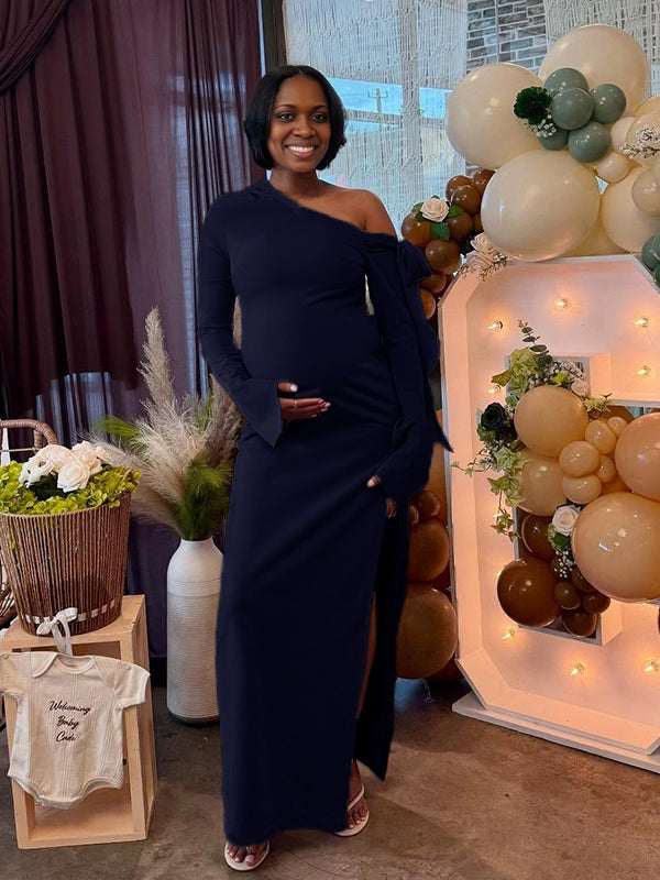 Momnfancy Side Slit Flare Sleeve Maternity Maxi Dress