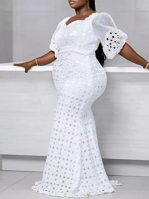 Momnfancy Cut-out Puff Sleeve Maternity Maxi Dress